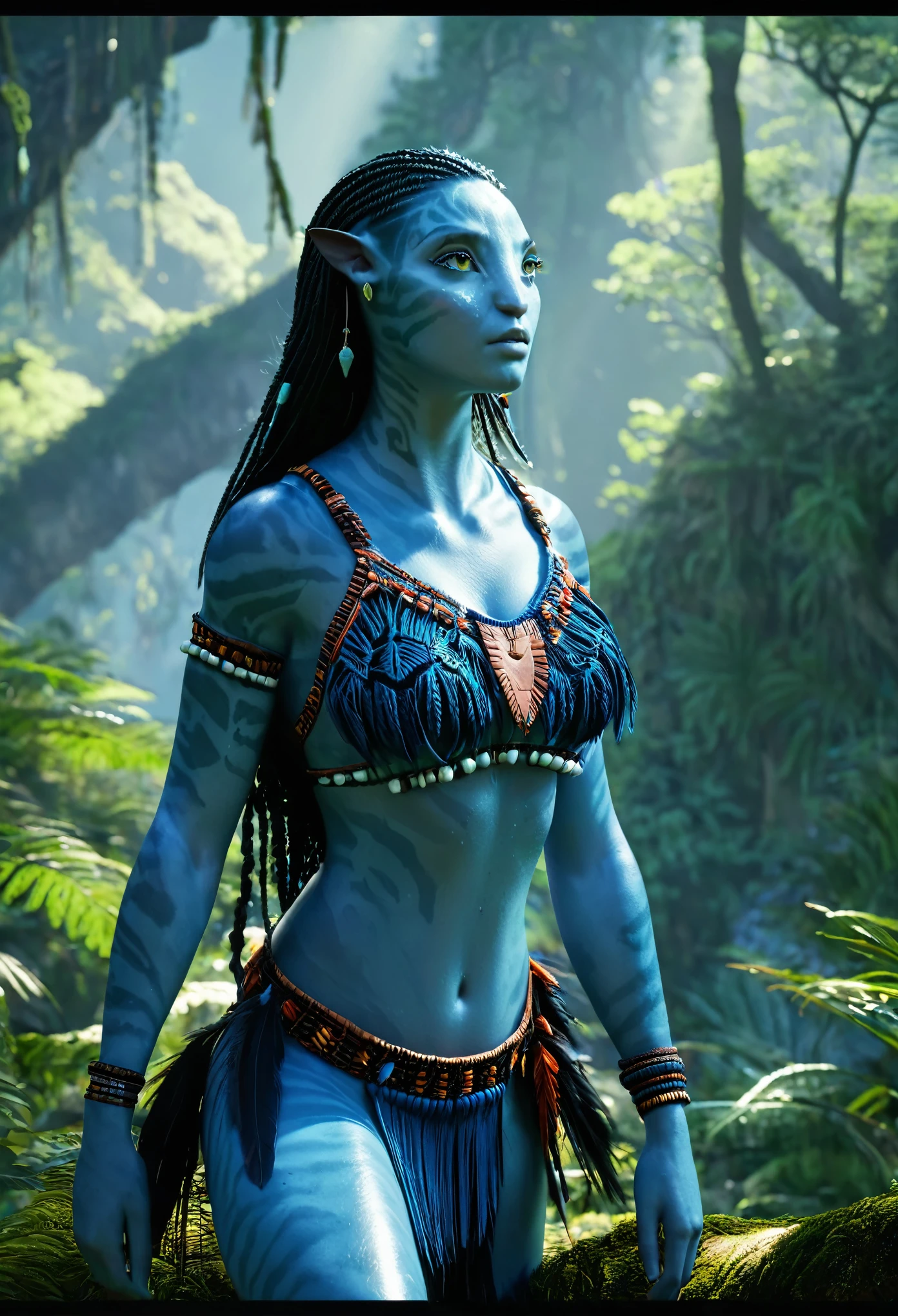 (best quality,4k,8k,highres,masterpiece:1.2),ultra-detailed,(realistic,photorealistic,photo-realistic:1.37),avatar character,female,tribal clothes, fully clothed, tribal bra, loincloth, forest, dreamy atmosphere,soft and gentle lighting,pure white color palette,subtle blue hues,serene expression,flowing black hair,captivating blue eyes,tranquil forest scene,whispering winds,peaceful solitude,majestic mountains in the distance,ethereal beauty,natural beauty enhanced by light and shadows,sublime harmony between character and nature,captivating and serene, curvy, cleavage, sexy, , thigh, sexy pose