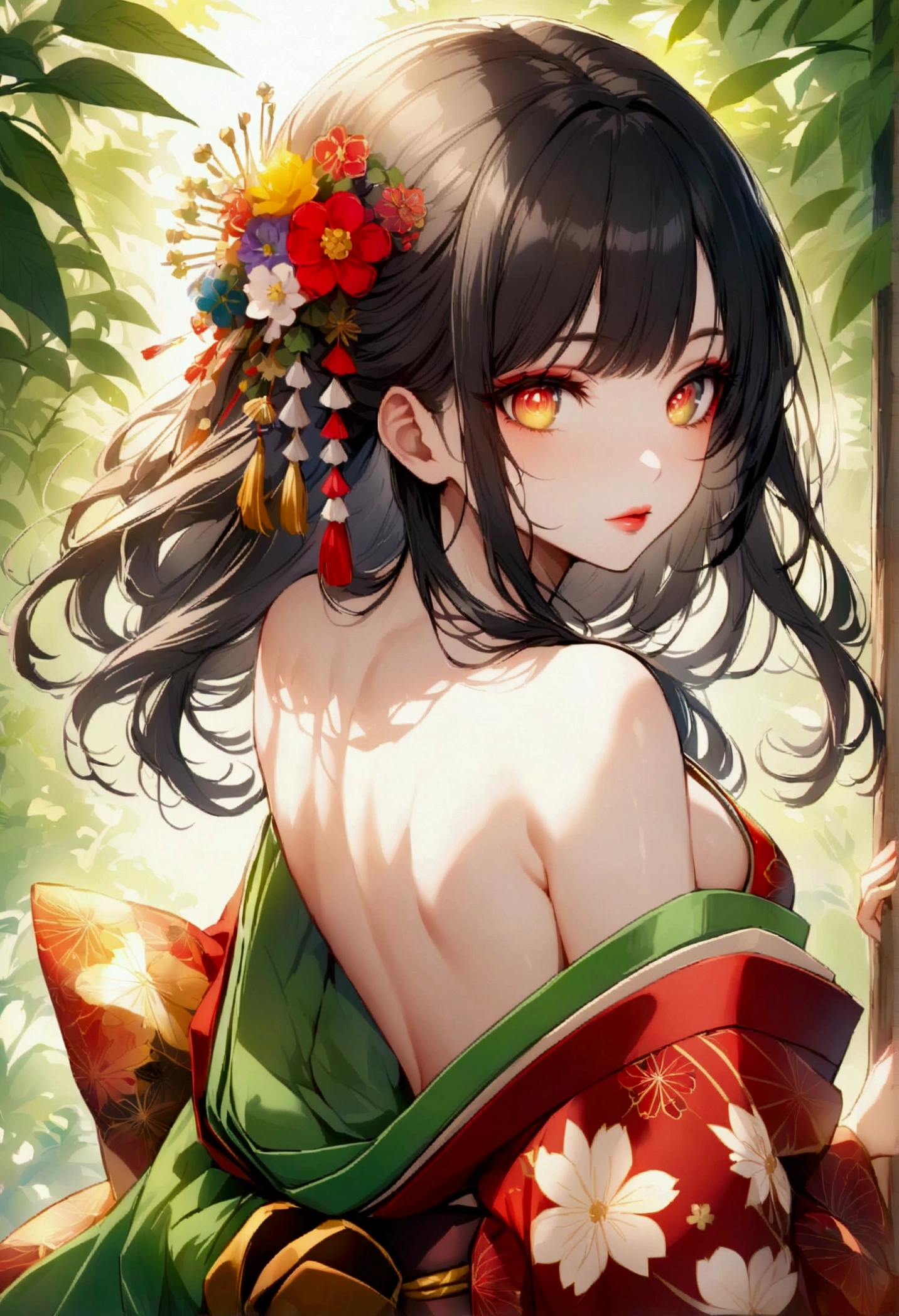 Stunningly beautiful Japanese girl, Green Garden. Her long, Her silky black hair cascades gently down her back, Decorated with colorful flower hairpins. She is wearing a traditional Japanese kimono., The deep red and gold hues complement her flawless skin. The kimono is decorated with intricate patterns and embroidery., Accentuating her delicate curves. Her almond-shaped eyes are delicately made up, Her lips are painted dark red.