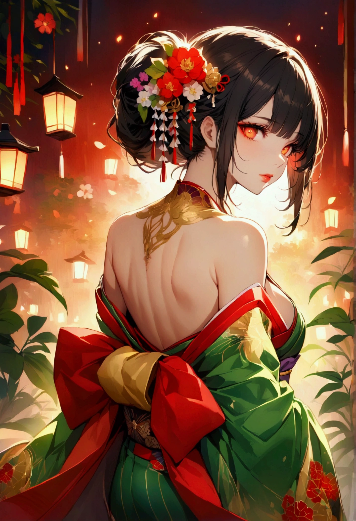 Stunningly beautiful Japanese girl, Green Garden. Her long, Her silky black hair cascades gently down her back, Decorated with colorful flower hairpins. She is wearing a traditional Japanese kimono., The deep red and gold hues complement her flawless skin. The kimono is decorated with intricate patterns and embroidery., Accentuating her delicate curves. Her almond-shaped eyes are delicately made up, Her lips are painted dark red.
