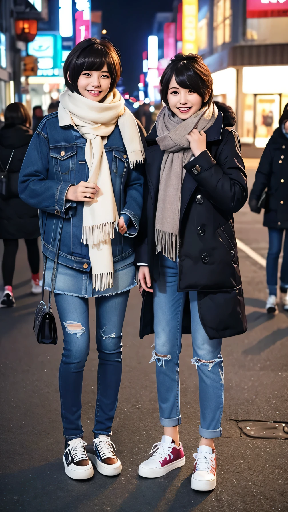 Two women wearing down coats、Jeans and sneakers、Scarf around the neck、Full body photo、Are standing、、Short Haircut、、smile、Background is a park at night。.
