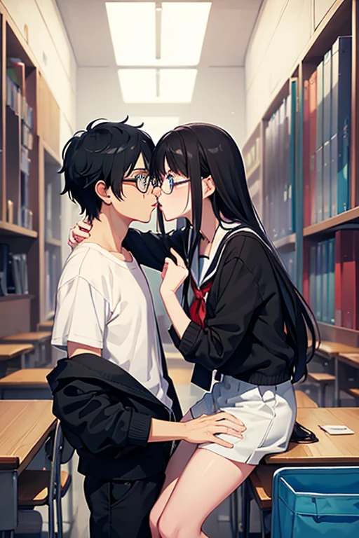 Anime girl with black hair, blue eyes,with glasses, super developed, very short clothes, and have its parts marked, and kissing a strong boy in school clothes