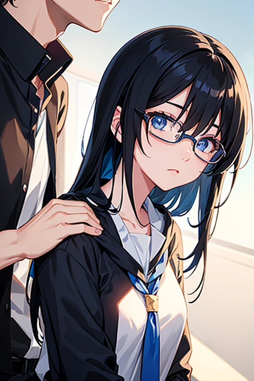Anime girl with black hair, blue eyes,with glasses, super developed, very short clothes, and have its parts marked, and kissing a strong boy in school clothes