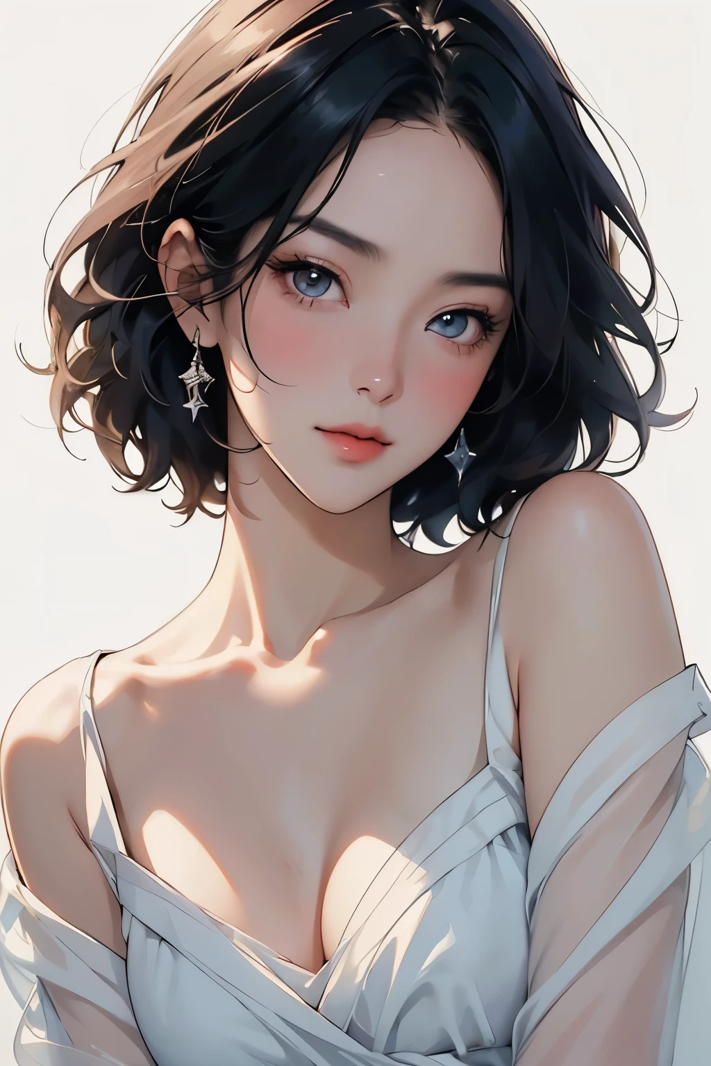 (Highest quality、High resolution、masterpiece)、(Realistic)、1 person、20-year-old woman、Beautiful Face、 (Exquisite beautiful eyes)、(length)、Black Hair、 short hair、 Beautiful Hair、Shiny Hair、Skin Texture、Moisturized Skin、Blouse with a simple design、Cinema Lighting、Realistic lighting、Backlight、Ray Tracing、(White Background)、(No background)、(Watercolor of singer Sargent)、