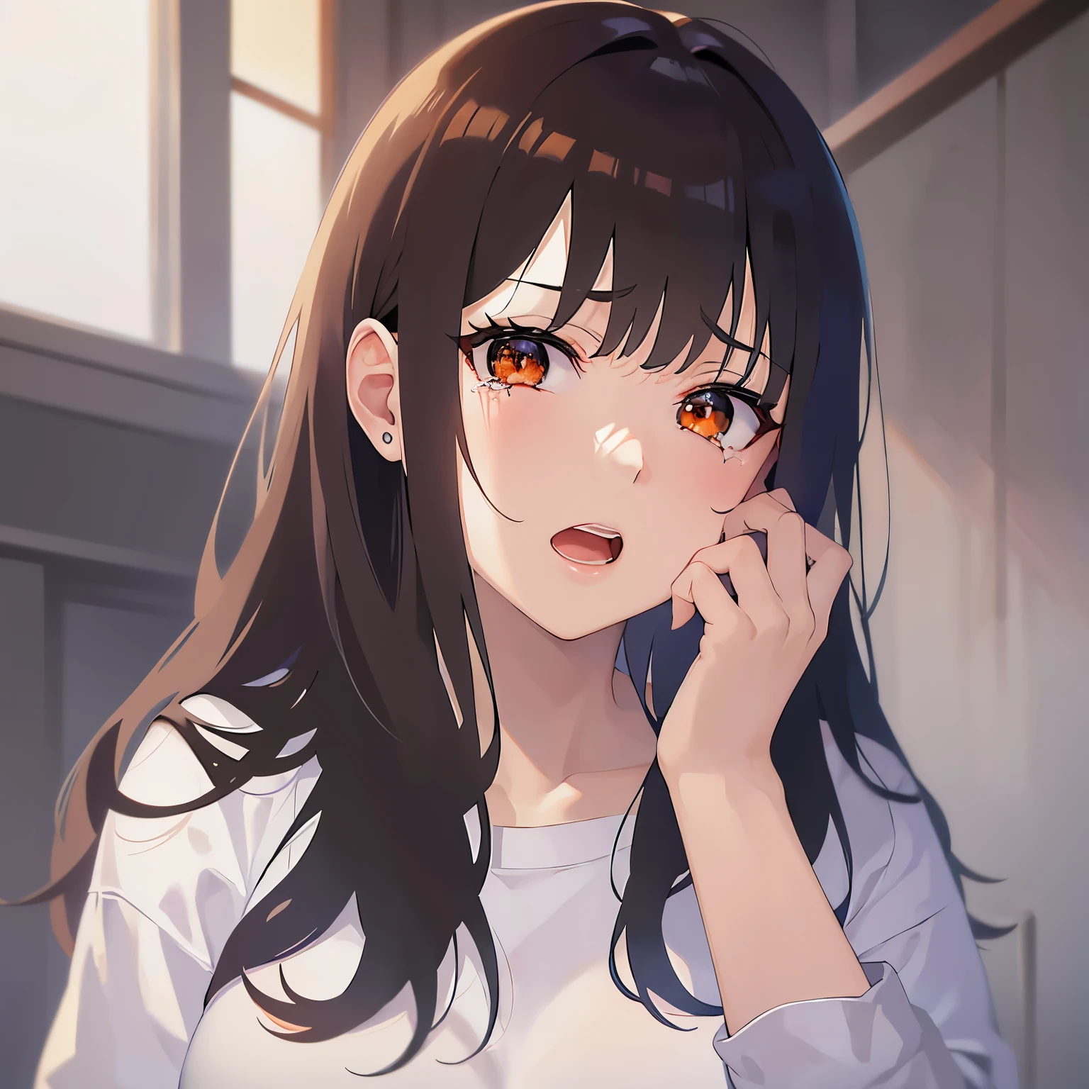 Shooting from below、hand on own face、wearing an oversized men's shirt. The shirt is too large for her, giving a baggy and loose appearance. upper body, (pale skin: 1.2), shiny skin, shiny hair、(A 25-year-old woman with medium-length hair and bangs) and (wavy hair) and (brown hair) and (orange eyes) , angry, tears, open mouth, living、Alone、