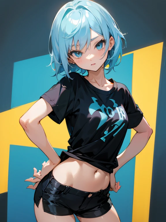 Anime girl short light blue hair sexy pose , black fitted shorts , loose t-shirt 