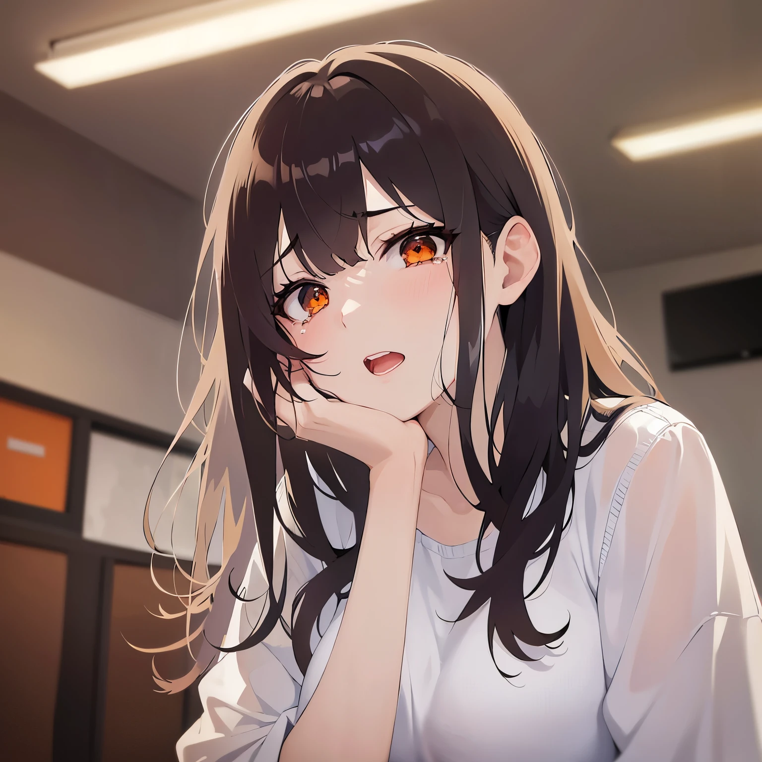 Shooting from below、hand on own face、wearing an oversized men's shirt. The shirt is too large for her, giving a baggy and loose appearance. upper body, (pale skin: 1.2), shiny skin, shiny hair、(A 25-year-old woman with medium-length hair and bangs) and (wavy hair) and (brown hair) and (orange eyes) , angry, tears, open mouth, living、Alone、
