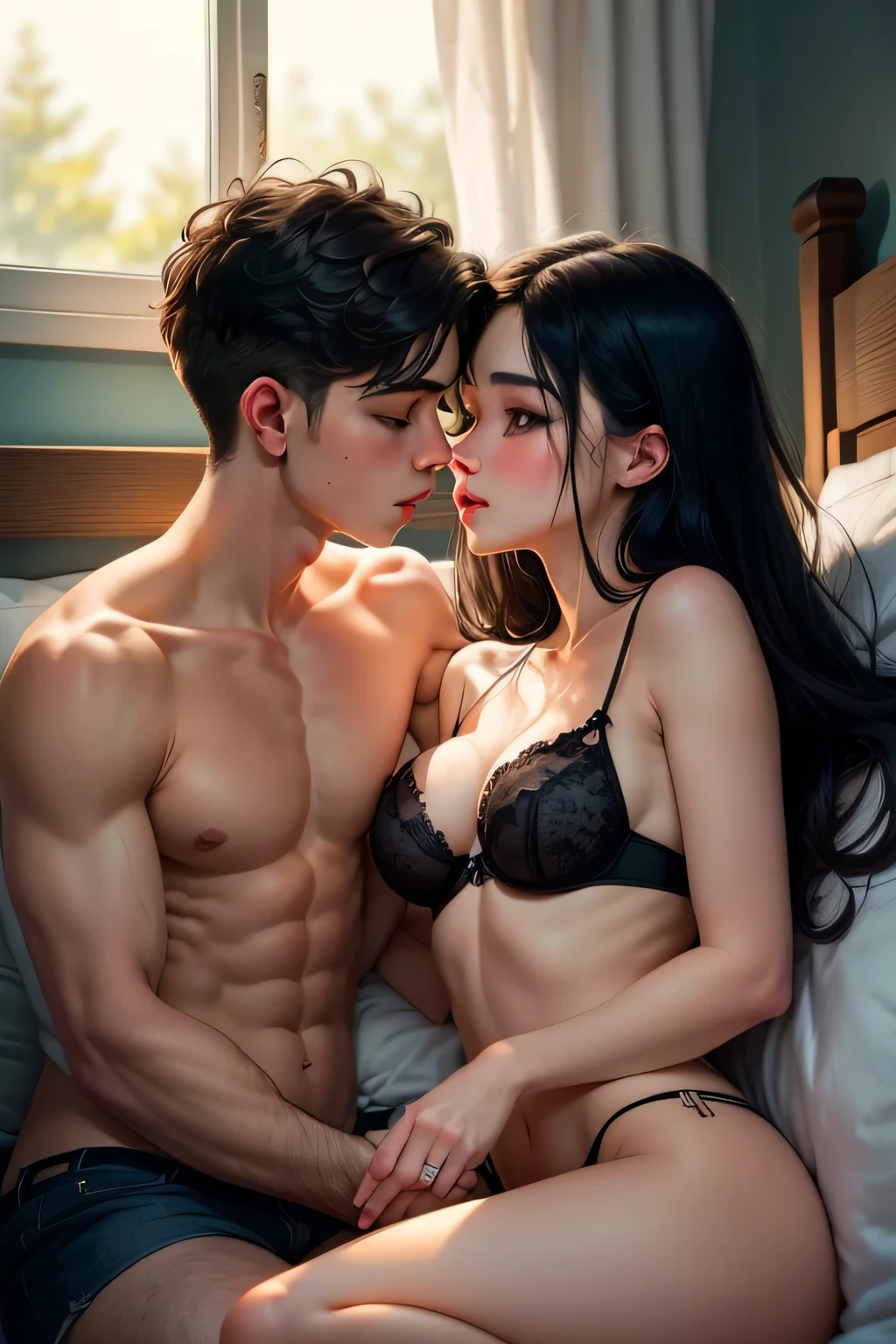 ((best quality)), ((masterpiece)), (detailed), 1Girl and 1boy snuggled together in bed, cute couple, looking at each other, boy without shirt on, girl in bra, girl looking at boy, dark night time, skinny boy,  and skinny girl, girls hand on boys chest, laying down, girl looking at boy with love, intimacy, girl on top, lithe girl, girl with black hair and goth aesthetic, girl blushing, dark room