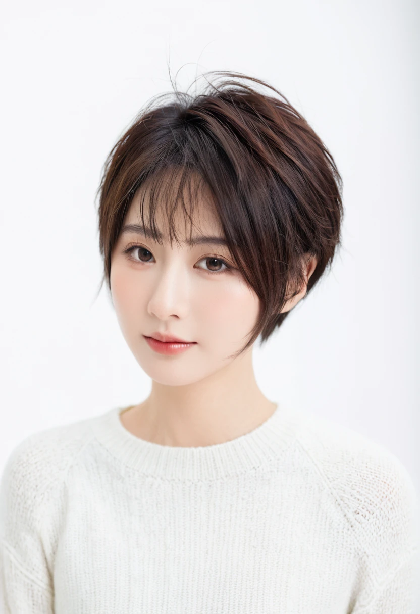beautiful Japanese woman with short hair , white background