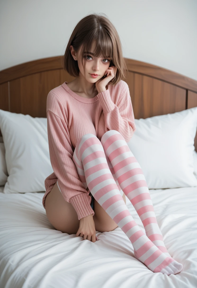 Young 18 year old, young 18 year old female, Short, white skin, bangs, brown short hair, hair covering eyes completely, hair covering both eyes, sitting on a bed with her legs crossed, seductive anime girl, hazel brown hair, attractive girl, cute anime girl, anime girl, sitting on her bed, big breasts, big ass, wide hips, wearing thigh length pink sweater, wearing pink and white striped thigh high stockings,