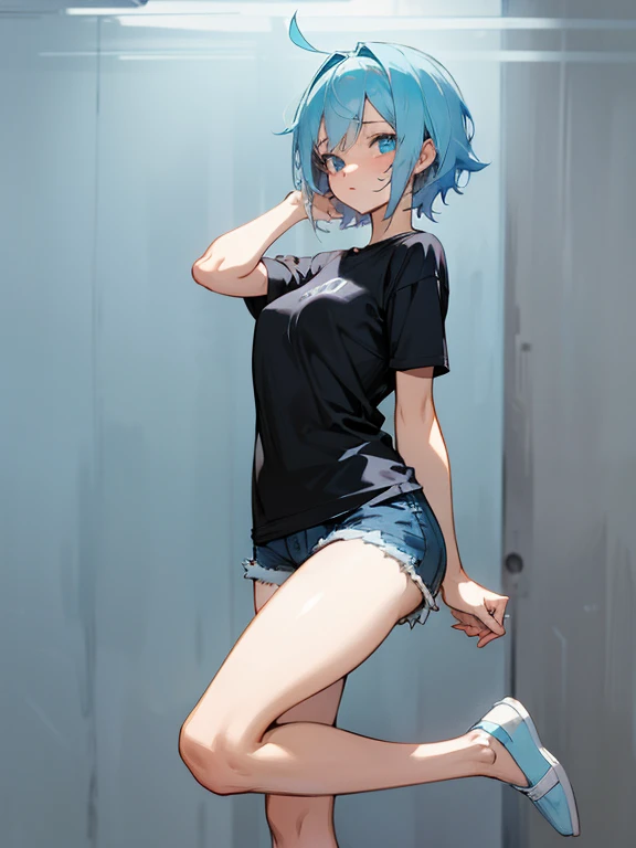 Anime girl short light blue hair sexy pose , black fitted shorts , loose t-shirt 