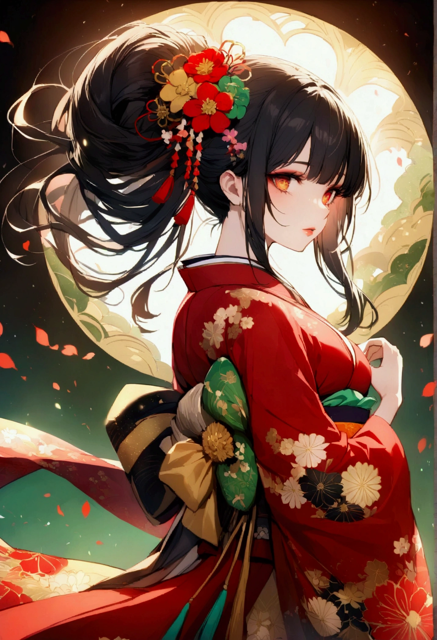 Stunningly beautiful Japanese girl, Green Garden. Her long, Her silky black hair cascades gently down her back, Decorated with colorful flower hairpins. She is wearing a traditional Japanese kimono., The deep red and gold hues complement her flawless skin. The kimono is decorated with intricate patterns and embroidery., Accentuating her delicate curves. Her almond-shaped eyes are delicately made up, Her lips are painted dark red.
