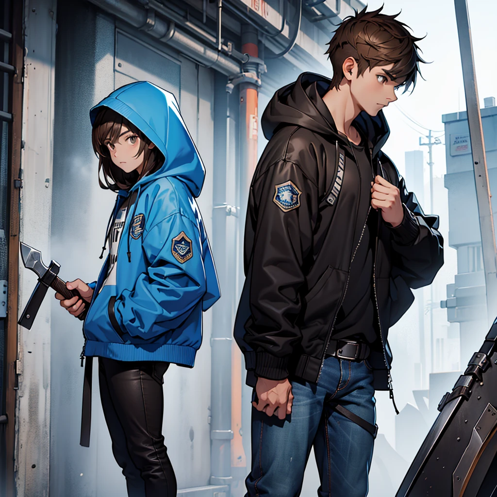 A teenager in black jeans, blue converse, wearing a dull blue hooded jacket, Brown hair, brown eyes and several armor belts with two one-handed axes on each side