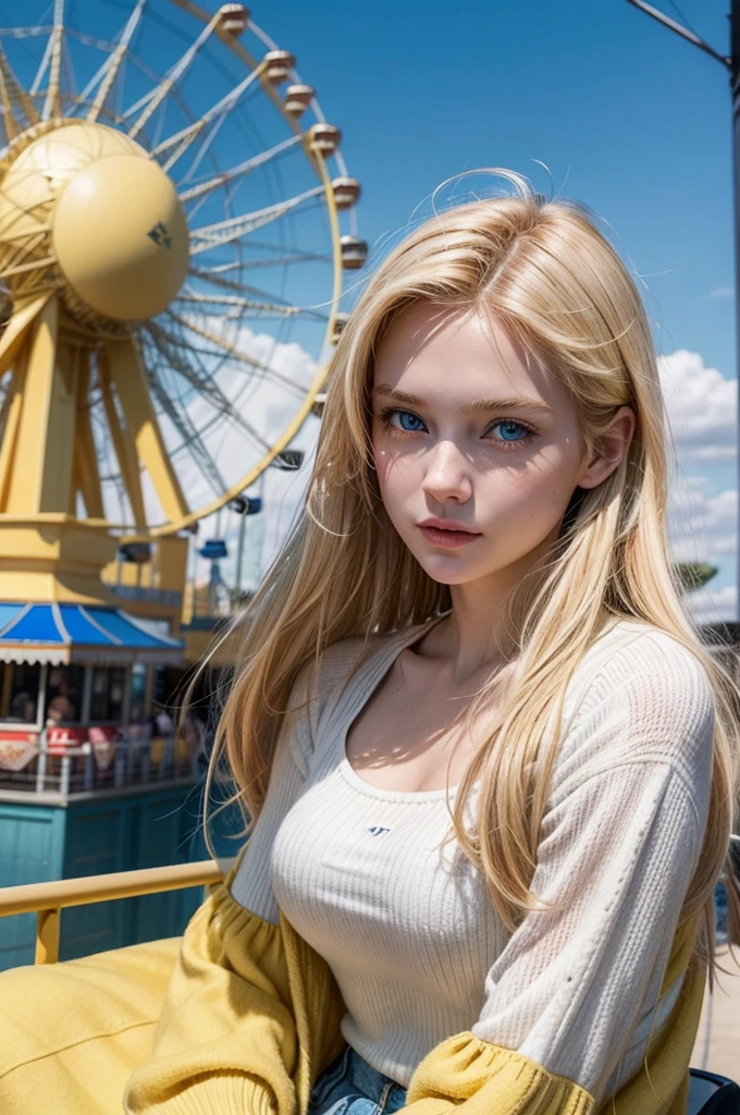 Create a female character who is a beautiful blonde woman with blue eyes. yellow shirt, She must have a charming personality, with a combination of intelligence, charisma and sensitivity. Describe it in detail, including your fashion style, hobbies, and a brief life story that shows how she became the incredible person she is today. photo in an amusement park on the ferris wheel.
