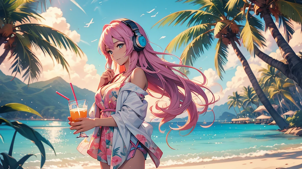 Woman wearing headphones, Anime Style 4 k, anime wallpaper 4k, anime wallpaper 4k, 4k anime wallpaper, anime art wallpaper 4k, anime art wallpaper 4k, Anime Style. 8k, Anime atmosphere, , Ultra HD Anime Wallpaper, Anime Art Wallpaper 8K, Anime Background,landscape、summer、island、Palm tree、Hawaii、Sandy Beach、drink alcohol