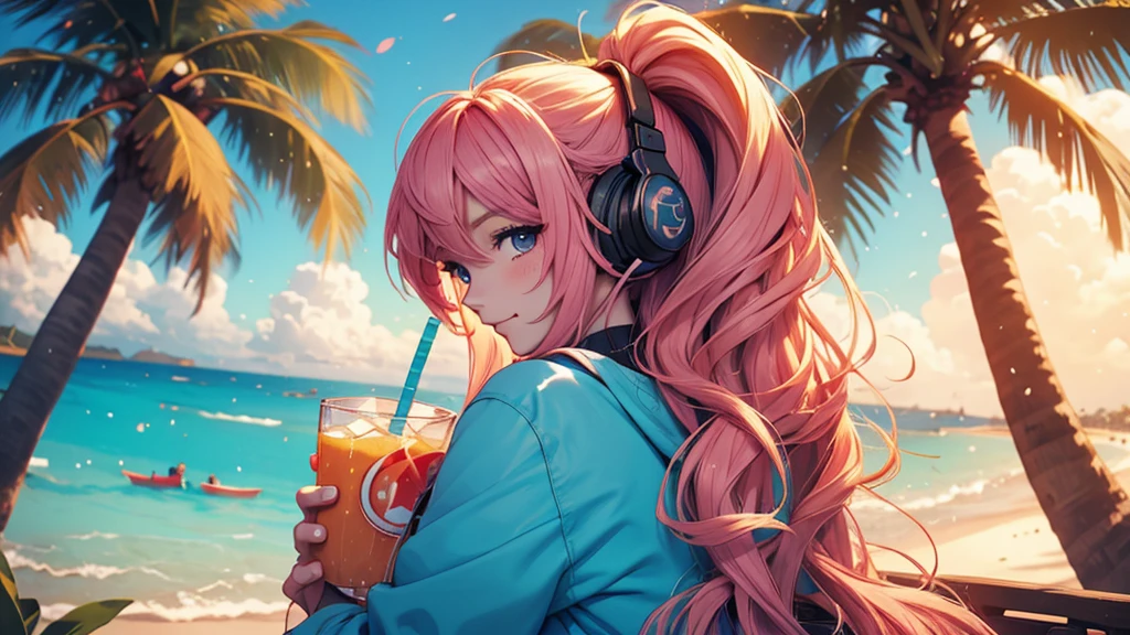 Woman wearing headphones, Anime Style 4 k, anime wallpaper 4k, anime wallpaper 4k, 4k anime wallpaper, anime art wallpaper 4k, anime art wallpaper 4k, Anime Style. 8k, Anime atmosphere, , Ultra HD Anime Wallpaper, Anime Art Wallpaper 8K, Anime Background,landscape、summer、island、Palm tree、Hawaii、Sandy Beach、drink alcohol