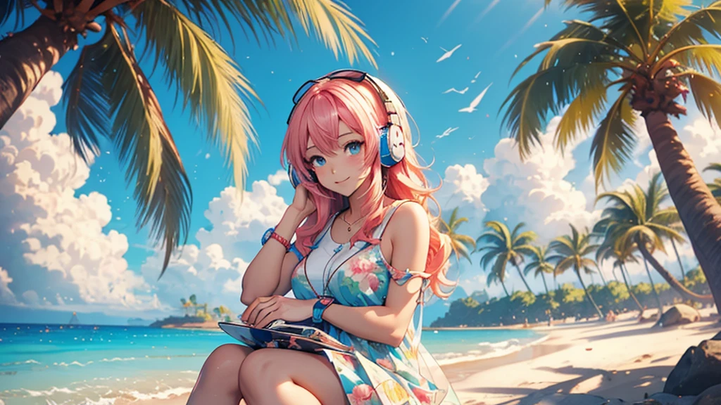 Woman wearing headphones, Anime Style 4 k, anime wallpaper 4k, anime wallpaper 4k, 4k anime wallpaper, anime art wallpaper 4k, anime art wallpaper 4k, Anime Style. 8k, Anime atmosphere, , Ultra HD Anime Wallpaper, Anime Art Wallpaper 8K, Anime Background,landscape、summer、island、Palm tree、Hawaii、Sandy Beach、drink alcohol