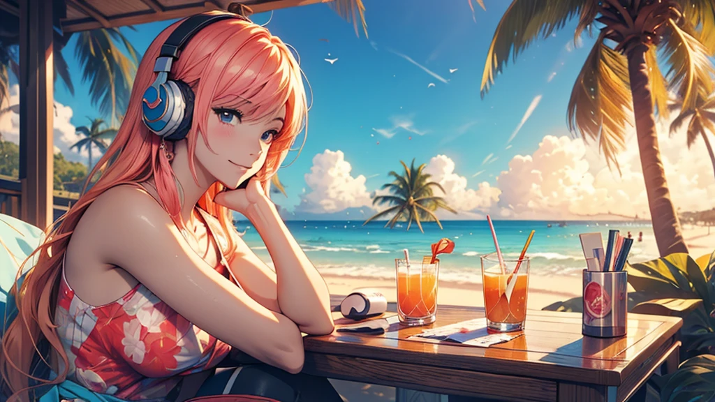 Woman wearing headphones, Anime Style 4 k, anime wallpaper 4k, anime wallpaper 4k, 4k anime wallpaper, anime art wallpaper 4k, anime art wallpaper 4k, Anime Style. 8k, Anime atmosphere, , Ultra HD Anime Wallpaper, Anime Art Wallpaper 8K, Anime Background,landscape、summer、island、Palm tree、Hawaii、Sandy Beach、drink alcohol