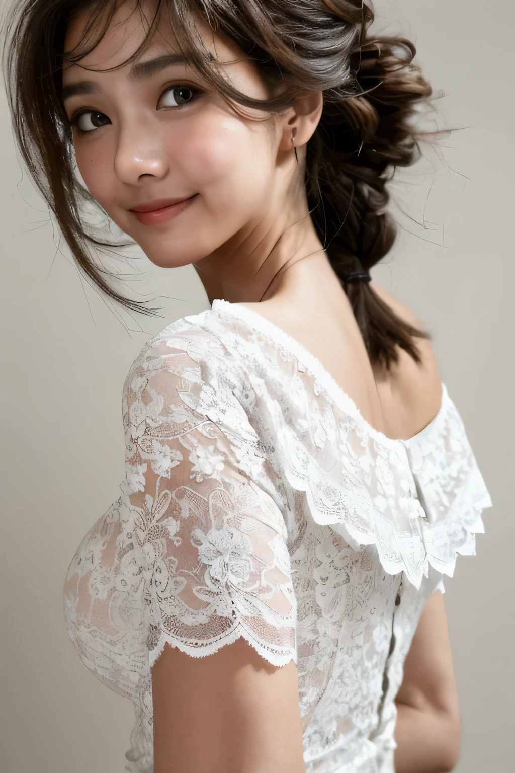 ((Highest quality, 8k, masterpiece: 1.3)), sharp: 1.2, Perfect Body Beauty: 1.6, ((Layered Hairstyles, Big Breasts: 2.0)), (white and long legs: 2.0), (white lace dress: 2.0, Off-the-shoulder dress: 2.0, Dresses with visible breasts: 2.0), ((long hair: 2.0)), ((necklace)), Earrings, ring, Bracelet, Hair Accessories, ((Beautiful young teenager woman)), ((Straight nose)), (Eyeliner), Armpit Hair, Bristles, ((White and beautiful skin)), Wavy Hair, Beautiful attention to detail, Super detailed, Highly detailed face and skin texture, fine grain, double eyelid, Black Hair, Big Ass, Lower Body, Thighs, (((Skinny))), Wet and shiny lips, smile, Get a grip on your body, ((Anatomically correct human body)), ((Crisp body shape)), Ribs, clavicle, Protruding skeleton, A face without nasolabial folds, Shyness, Thin eyebrows, Big eyes, (shoot from side: 1.0), (Narrow shoulders: 2.0), (Smile: 1.0), (One arm raised: 1.0)
