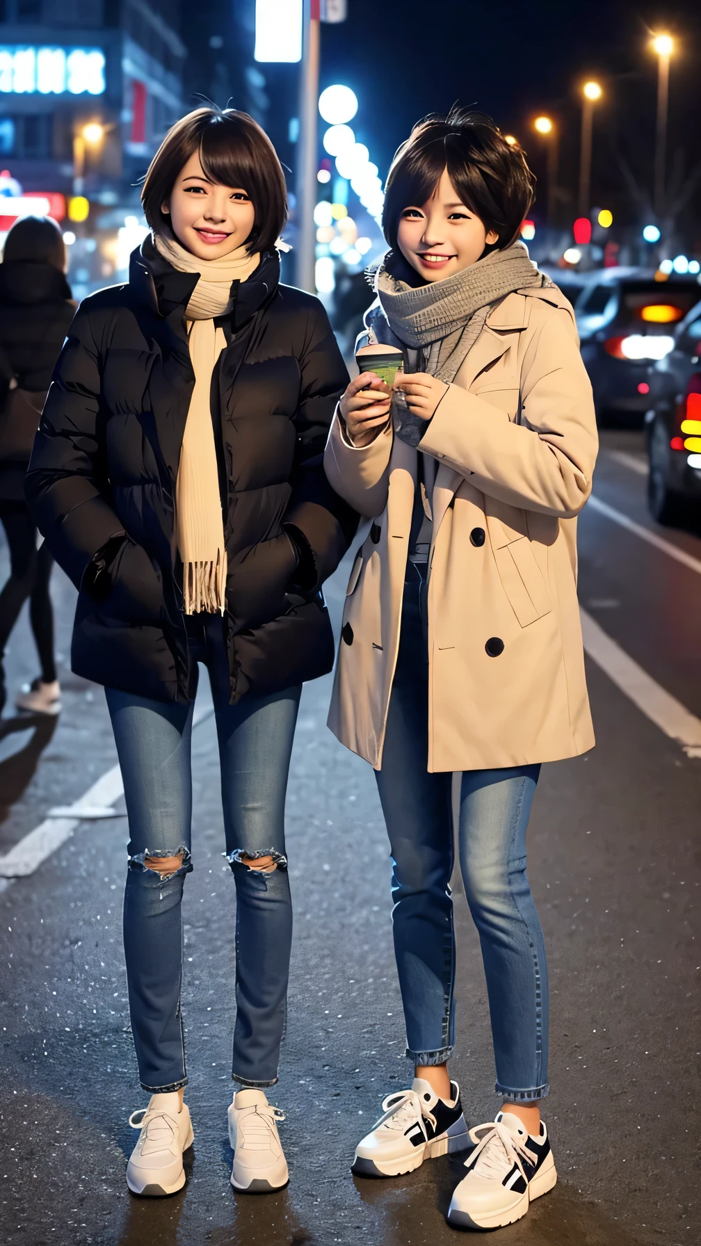 Two women wearing down coats、Jeans and sneakers、Scarf around the neck、Full body photo、Are standing、、Short Haircut、、smile、Background is a park at night。.

