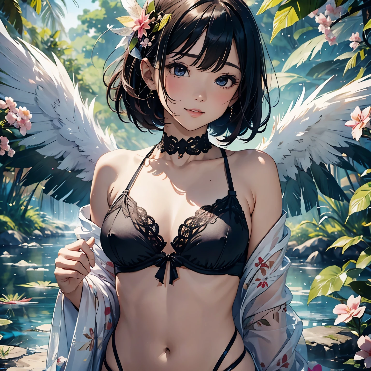 Portrait of a young woman in Japan、One Girl、18-year-old、Alone、(bust)、(See-through lingerie)、(A lewd world)、Beautiful and sexy、Embarrassed face、Ecstatic expression、Beautiful Face、Detailed facial depiction、Long eyelashes, Short Bob、Black Hair、(Small breastoisturized Skin、Cinematic Light、Soft Light、(Soft Focus)、(Bokeh:1.2)、BREAK(Fantastic Background)、(Colorful feathers and feathers fluttering)、(Colorful flowers and leaf vein decorations)、Decorations、(Particles of light)、(Sparkle)、light、(Highest quality, masterpiece, High resolution)、8k、wallpaper