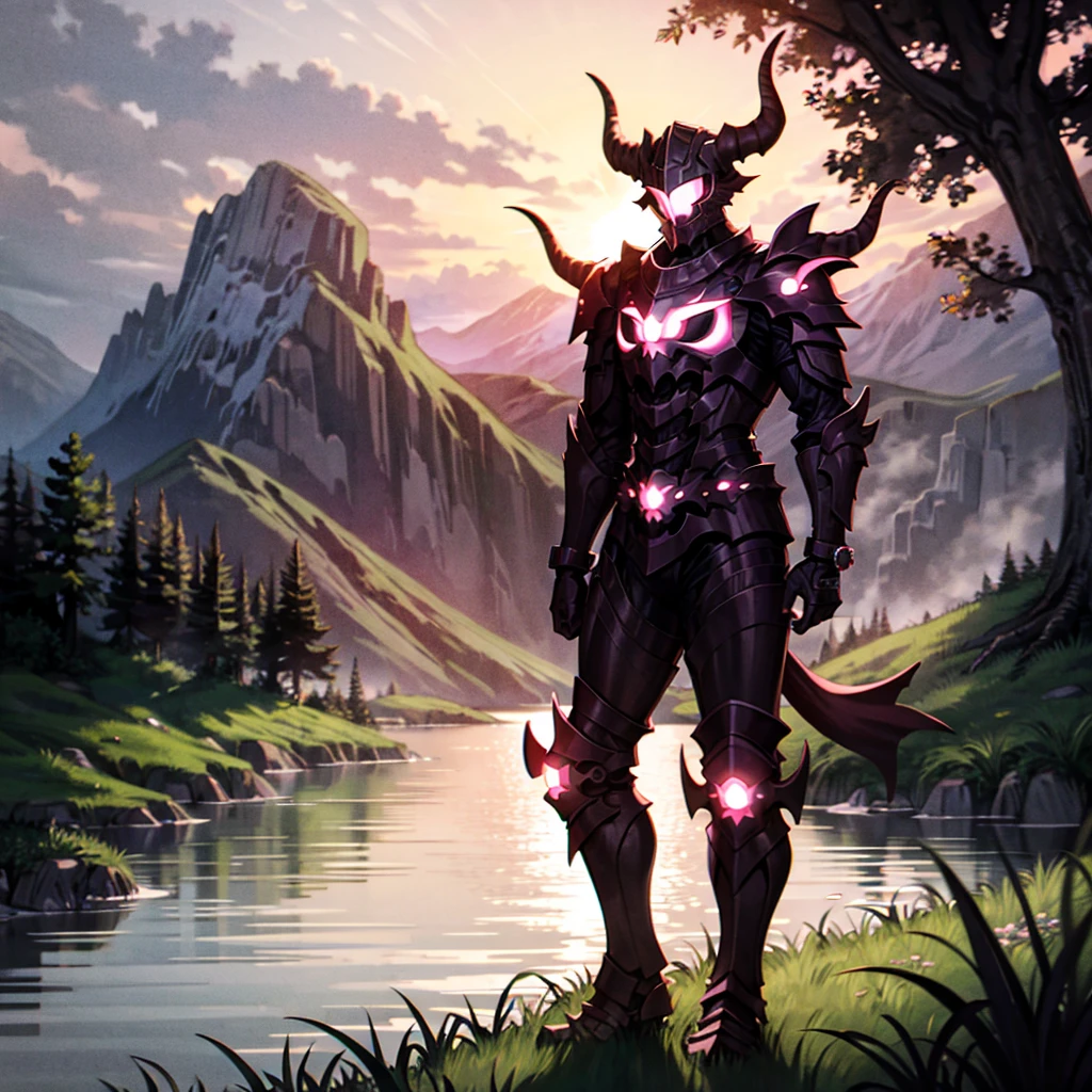 monster, black armor, helmet with horns, red glowing, blue sky, bracelet, bush, coral, day, fish, forest, grass, jewelry, lake, mountain, nature, outdoors, overgrown, palm tree, plant, river, rock, scenery, sky, solo, tree, vines, watch, water, waterfall,
