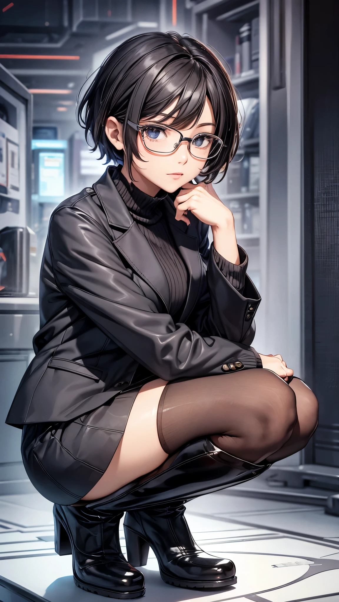 30-year-old woman,Very short hair,Glasses,office casual style,suit,Tight Skirt,pantyhose,((Knee-high long boots)),squatting.