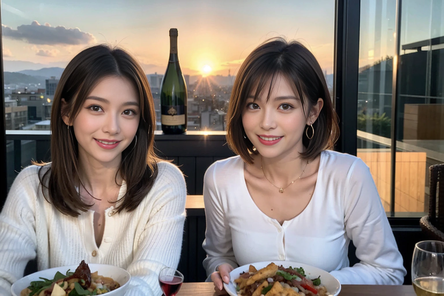 （Realistic:1.1）,(masterpiece,Highest quality)，8k,(49 years old), 53 years old, ベリーslimボディ、slimカップル、Tight waist,Upper Body,full-course dinner、wine 、Amazing view of the sunset sky and clouds、Perfect Anatomy, Brown Hair, short hair,Random Hairstyles,((Highly detailed face and eyes:1.2))，Perfect golden ratio face，Long sleeve shirt、dress,(smile:1.2)、Shortcuts、cute、(Realistic, Intricate details:1.2), A bright smile、short hair,Bright Face、赤wine 、Appetizers、Italian food、wine bottle、Champagne、スパークリングwine、(slimな顔), (The body is slim), (Brown Hair), (Shortcuts),  Upper Body, 白wine, slim, wineグラス, 
