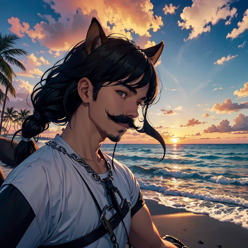 A black-haired shark man with a mustache, a squirrel woman, a white-haired resort, a friendly appearance, a sunset