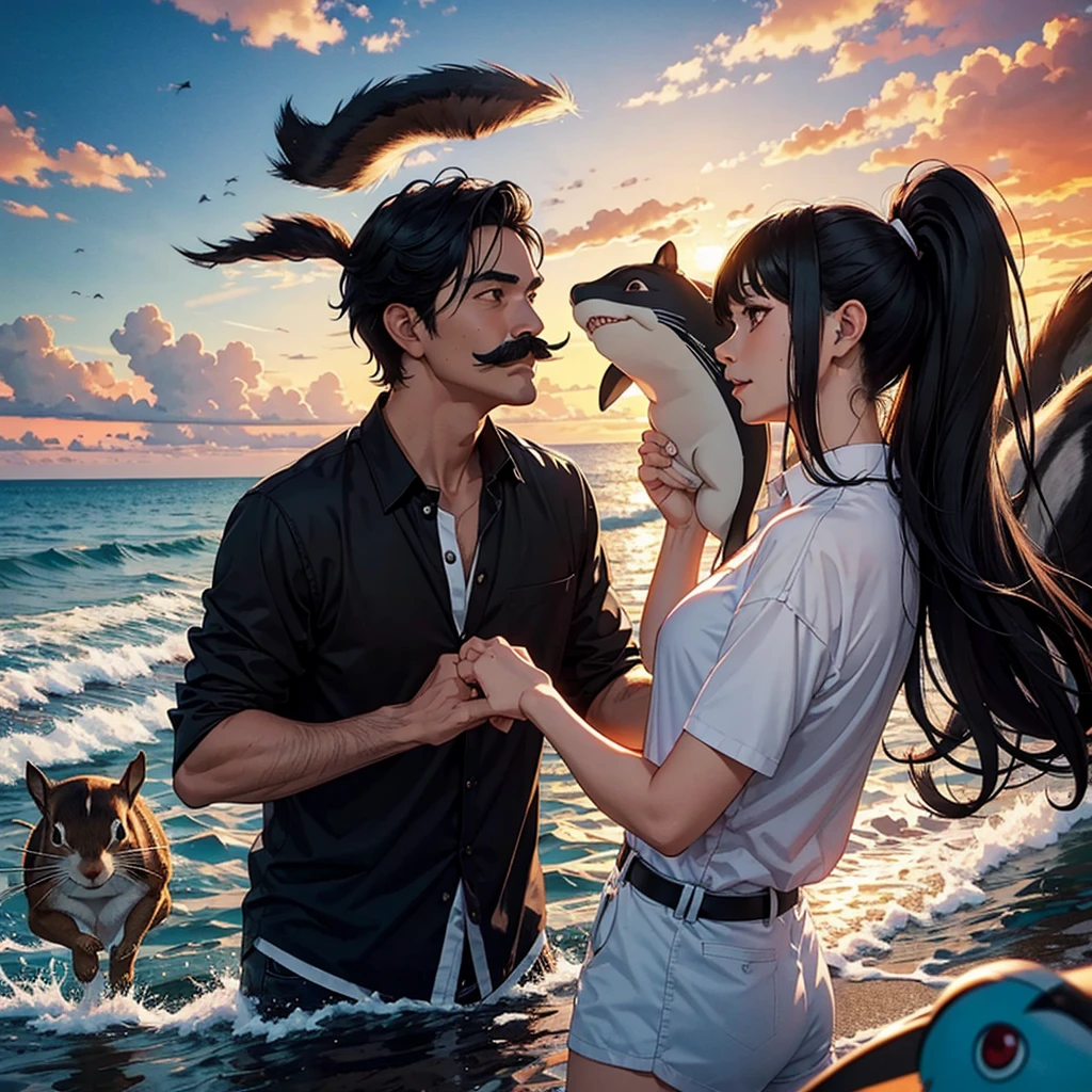 A black-haired shark man with a mustache, a squirrel woman, a white-haired resort, a friendly appearance, a sunset