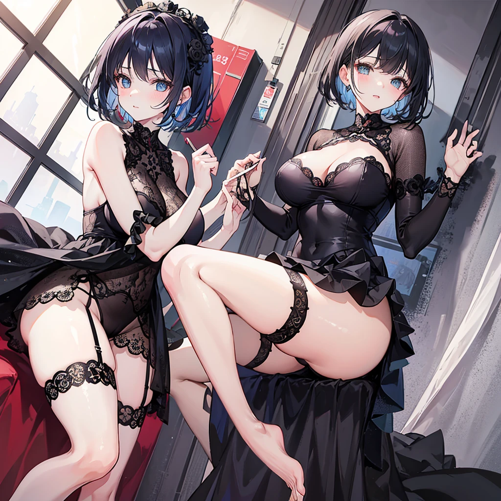 ((sister and brother))，A woman with big ，A boy with short hair，Both of them are wearing Sexy Cheeky Dress，Garter stockings，(nsfw:0.8)，