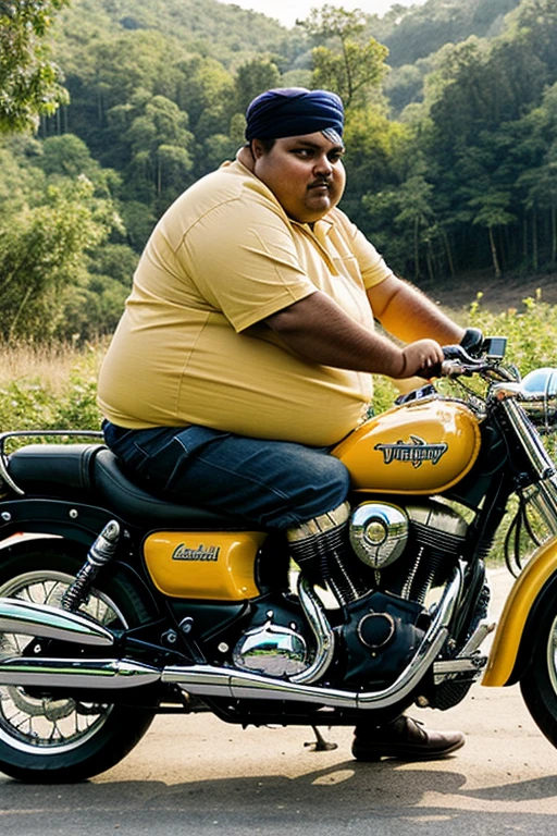 ((Best Quality)), ((masterpiece)), (detailed), 1 obese indian man riding a motorcycle