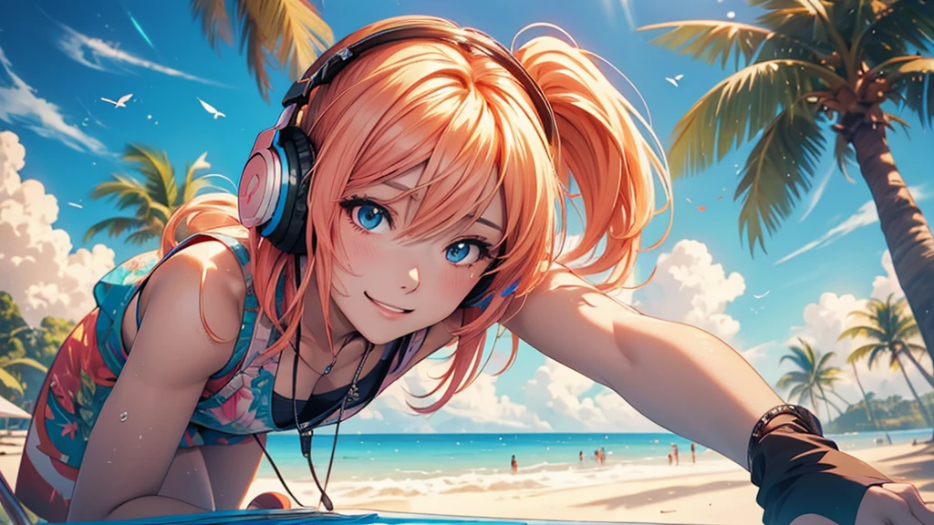 Woman wearing headphones, Anime Style 4 k, anime wallpaper 4k, anime wallpaper 4k, 4k anime wallpaper, anime art wallpaper 4k, anime art wallpaper 4k, Anime Style. 8k, Anime atmosphere, , Ultra HD Anime Wallpaper, Anime Art Wallpaper 8K, Anime Background,landscape、summer、island、Palm tree、Hawaii、Sandy Beach、drink alcohol
