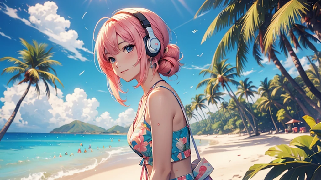 Woman wearing headphones, Anime Style 4 k, anime wallpaper 4k, anime wallpaper 4k, 4k anime wallpaper, anime art wallpaper 4k, anime art wallpaper 4k, Anime Style. 8k, Anime atmosphere, , Ultra HD Anime Wallpaper, Anime Art Wallpaper 8K, Anime Background,landscape、summer、island、Palm tree、Hawaii、Sandy Beach、drink alcohol