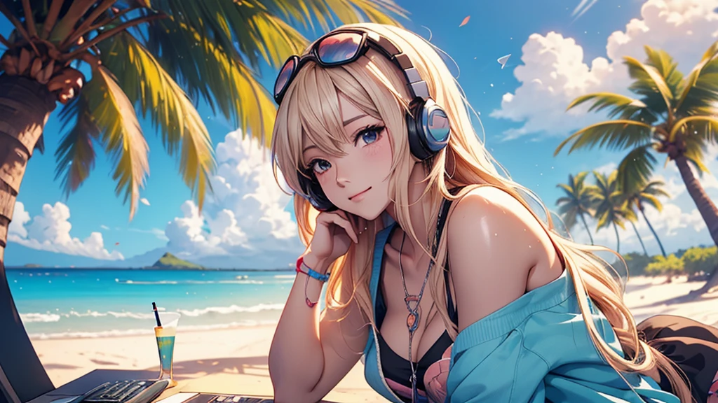 Woman wearing headphones, Anime Style 4 k, anime wallpaper 4k, anime wallpaper 4k, 4k anime wallpaper, anime art wallpaper 4k, anime art wallpaper 4k, Anime Style. 8k, Anime atmosphere, , Ultra HD Anime Wallpaper, Anime Art Wallpaper 8K, Anime Background,landscape、summer、island、Palm tree、Hawaii、Sandy Beach、drink alcohol