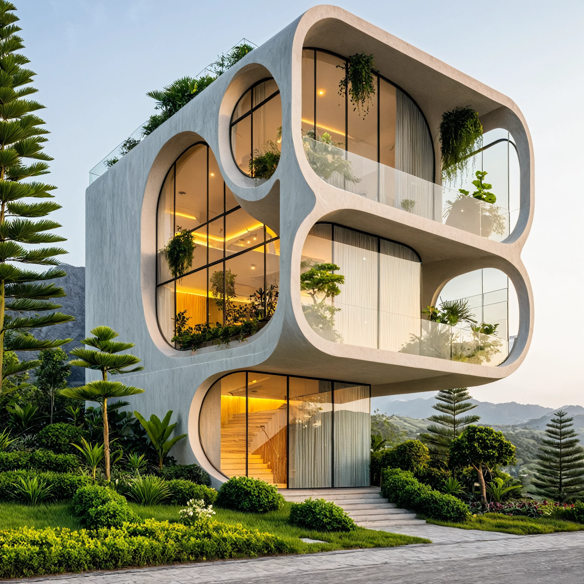 Boss of'ouvrages d'art, high quality, best quality, authentique, Great detail, En plein air, plain-piedVilla XL, groupe, style de maison moderne dans la rue ,stairs, white wall ,road,pavement, grass, trees, sky, clouds, (day light:1.1)