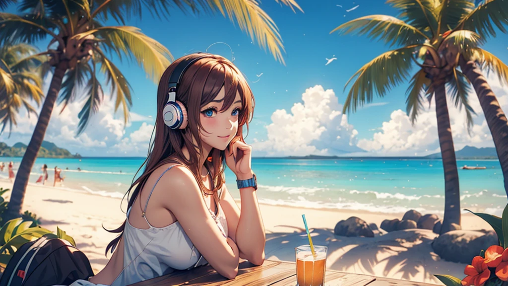 Woman wearing headphones, Anime Style 4 k, anime wallpaper 4k, anime wallpaper 4k, 4k anime wallpaper, anime art wallpaper 4k, anime art wallpaper 4k, Anime Style. 8k, Anime atmosphere, , Ultra HD Anime Wallpaper, Anime Art Wallpaper 8K, Anime Background,landscape、summer、island、Palm tree、Hawaii、Sandy Beach、drink alcohol