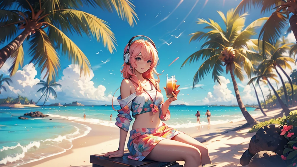 Woman wearing headphones, Anime Style 4 k, anime wallpaper 4k, anime wallpaper 4k, 4k anime wallpaper, anime art wallpaper 4k, anime art wallpaper 4k, Anime Style. 8k, Anime atmosphere, , Ultra HD Anime Wallpaper, Anime Art Wallpaper 8K, Anime Background,landscape、summer、island、Palm tree、Hawaii、Sandy Beach、drink alcohol