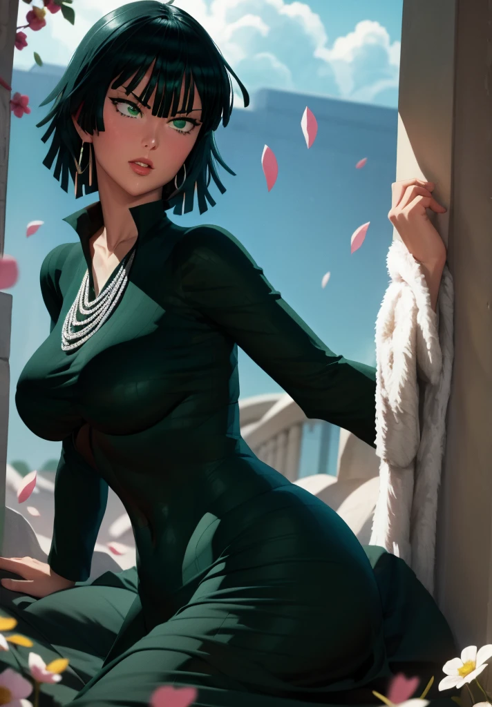 realistic, 1girl, Fubuki, green hair, green eyes, big round breasts, pure white skin, shining eyes, dark green crop top, dark green skirt, parted lips, rouge, night, flowers, sun, sunshine