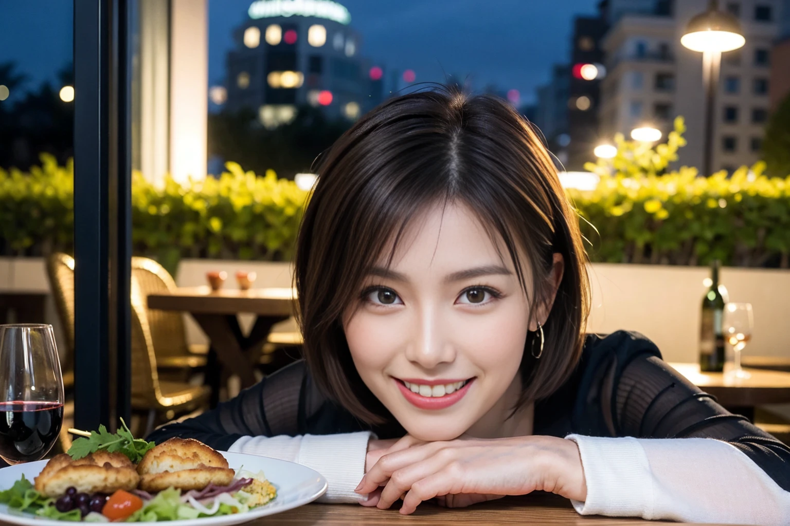 (Realistic:1.1),(masterpiece,Highest quality),8k,(49 years old), 53 years old, ベリーslimボディ、slimカップル、Tight waist,Upper Body,full-course dinner、wine 、Amazing view of the sunset sky and clouds、Perfect Anatomy, Brown Hair, short hair,Random Hairstyles,((Highly detailed face and eyes:1.2)),Perfect golden ratio face,Long sleeve shirt、dress,(smile:1.2)、Shortcuts、cute、(Realistic, Intricate details:1.2), A bright smile、short hair,Bright Face、赤wine 、Appetizers、Italian food、wine bottle、Champagne、スパークリングwine、(slimな顔), (The body is slim), (Brown Hair), (Shortcuts), Upper Body, 白wine, slim, wineグラス,