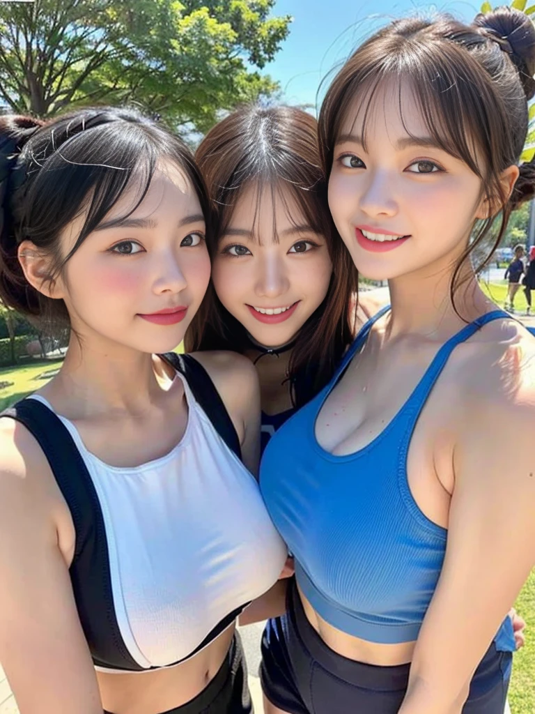 (超可愛い韓国人女子校生trioがアディダスのスポーツウェアを着て腋を見せながら記念写真:1.2)(Laughing out loud:1.2)(Sweating profusely:1.3)(16K, RAW Photos, Highest quality, masterpiece: 1.2),(Her shiny, beautiful black hair in a bun sways softly in the wind.:1.1) Super detailed, Super Resolution, (Genuine, Genuine photos: 1.37), Portraiture, High-resolution RAW color photos, Professional photos, Very detailed, 8k wallpaper, Very detailed CG Unity 8k wallpaper, Very detailed beautiful girls, Very detailed faces, ((whole body)), beautiful woman, Huge breasts,(huge boobs:1.1) (Big Boobs:1.1), beautiful (See-through wet tank top gym clothes),high school girl, Korean Girls,(K-POP Female Idols), (Idol-class beauty)(Beautiful high school girl:1.1)(School grounds on a sunny day)(()(Date:1.2)(Group photo)Headband(trio)