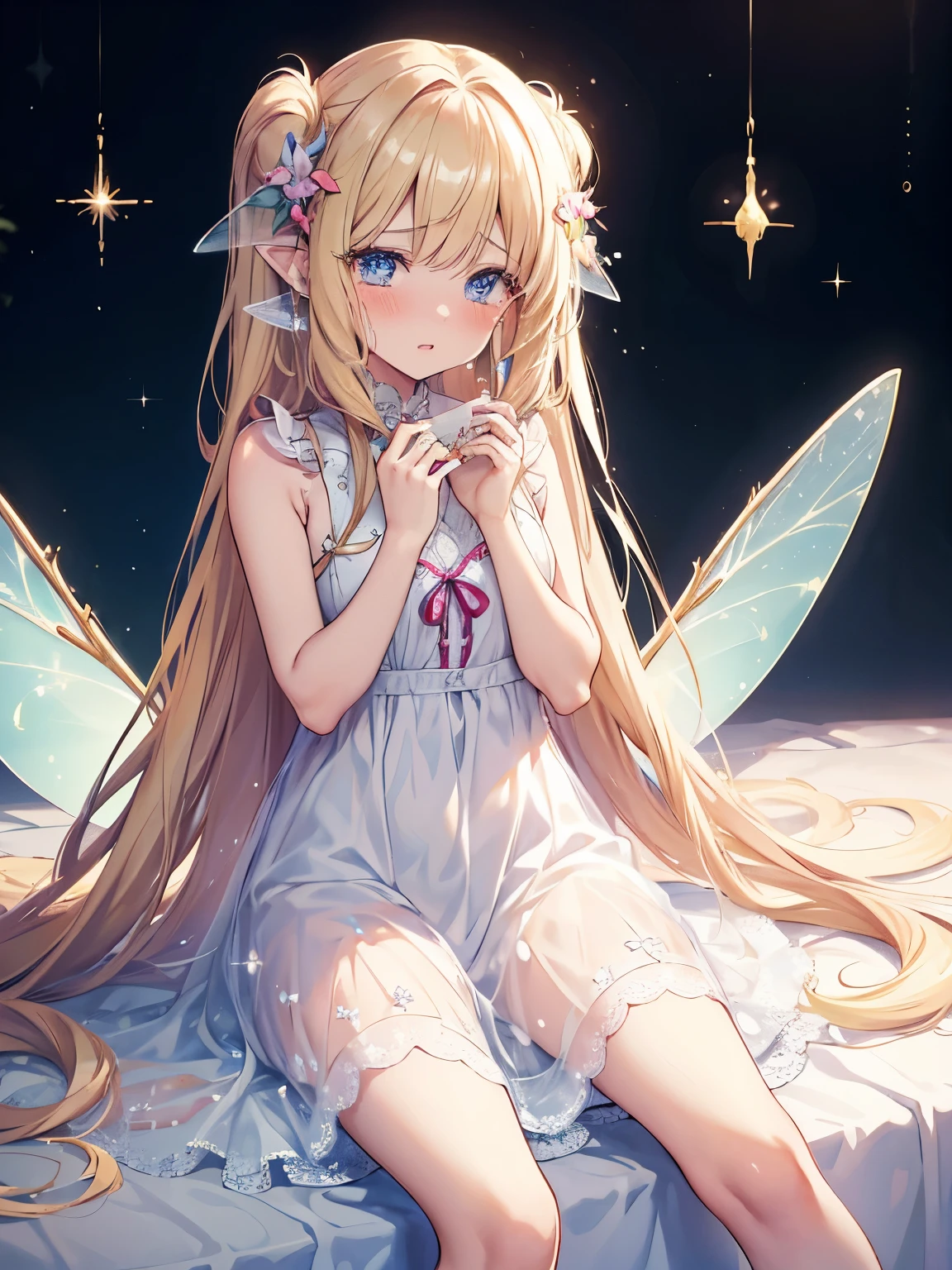 1girl, Long Hair, High Resolution, Masterpiece, Best Quality, Award Winning, Anatomically Correct, Long Hair, Very Long Hair, Parted Lips, Tears, Embarrassed, Crying, Surprised, Sparkle, Anime, Anime Style, fairy, fairy wings, little dress, sleeveless dress, short dress, tinkerbell dress, Simple background, sitting