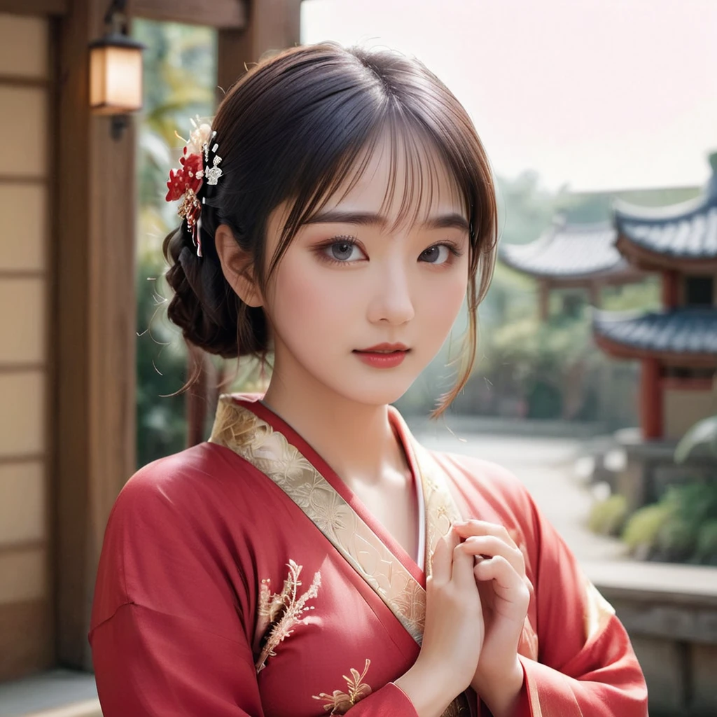 ((Highest quality)), ((masterpiece)), (detailed), (Perfect Face)、The woman has her medium-long hair tied up and is wearing a gorgeous red Hanfu with gold embroidery and trim, and is lavishly dressed with gorgeous accessories and an engagement ring.