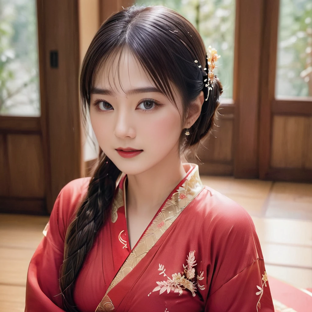 ((Highest quality)), ((masterpiece)), (detailed), (Perfect Face)、The woman has her medium-long hair tied up and is wearing a gorgeous red Hanfu with gold embroidery and trim, and is lavishly dressed with gorgeous accessories and an engagement ring.