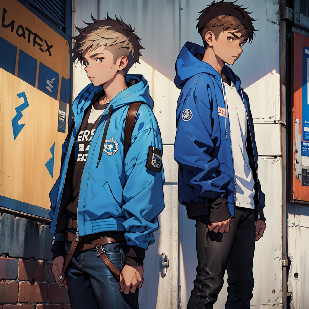 A light-skinned teenager wearing black jeans and blue converse, wearing a dull blue hooded jacket and a white shirt, short messy brown hair, brown eyes and several armor belts with two one-handed axes on each side
