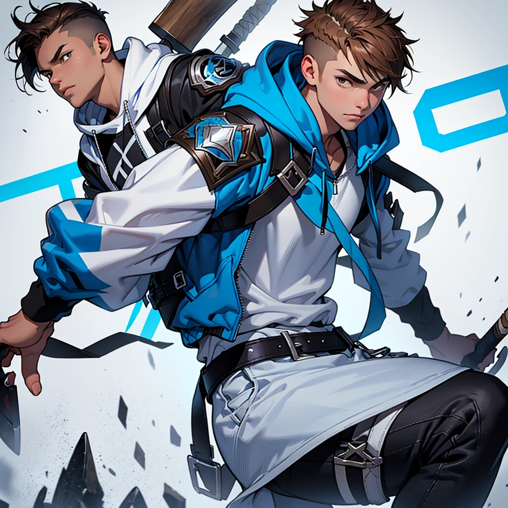 A light-skinned ager wearing black jeans and blue converse, wearing a dull blue hooded jacket and a white shirt, short messy brown hair, brown eyes and several armor belts with two one-handed axes on each side