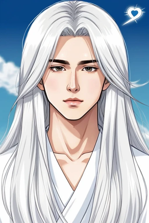 Create a young male character 15 years old from manhwa.
long white hair, very beautiful face too beautiful and angelic and tender. high, strong and elegant that is in anime version.(drawing)