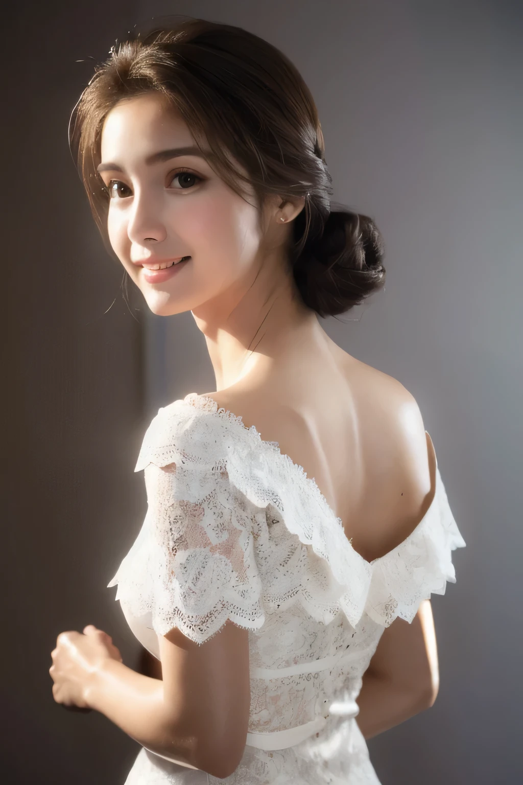 ((Highest quality, 8k, masterpiece: 1.3)), sharp: 1.2, Perfect Body Beauty: 1.6, ((Layered Hairstyles, Big Breasts: 2.0)), (white and long legs: 2.0), (white lace dress: 2.0, Off-the-shoulder dress: 2.0, Dresses with visible breasts: 2.0), ((long hair: 2.0)), ((necklace)), Earrings, ring, Bracelet, Hair Accessories, ((Beautiful young ager woman)), ((Straight nose)), (Eyeliner), Armpit Hair, Bristles, ((White and beautiful skin)), Wavy Hair, Beautiful attention to detail, Super detailed, Highly detailed face and skin texture, fine grain, double eyelid, Black Hair, Big Ass, Lower Body, Thighs, (((Skinny))), Wet and shiny lips, smile, Get a grip on your body, ((Anatomically correct human body)), ((Crisp body shape)), Ribs, clavicle, Protruding skeleton, A face without nasolabial folds, Shyness, Thin eyebrows, Big eyes, (shoot from side: 1.0), (Narrow shoulders: 2.0), (Smile: 1.0), (One arm raised: 1.0), (Turn your chest away: 1.0)