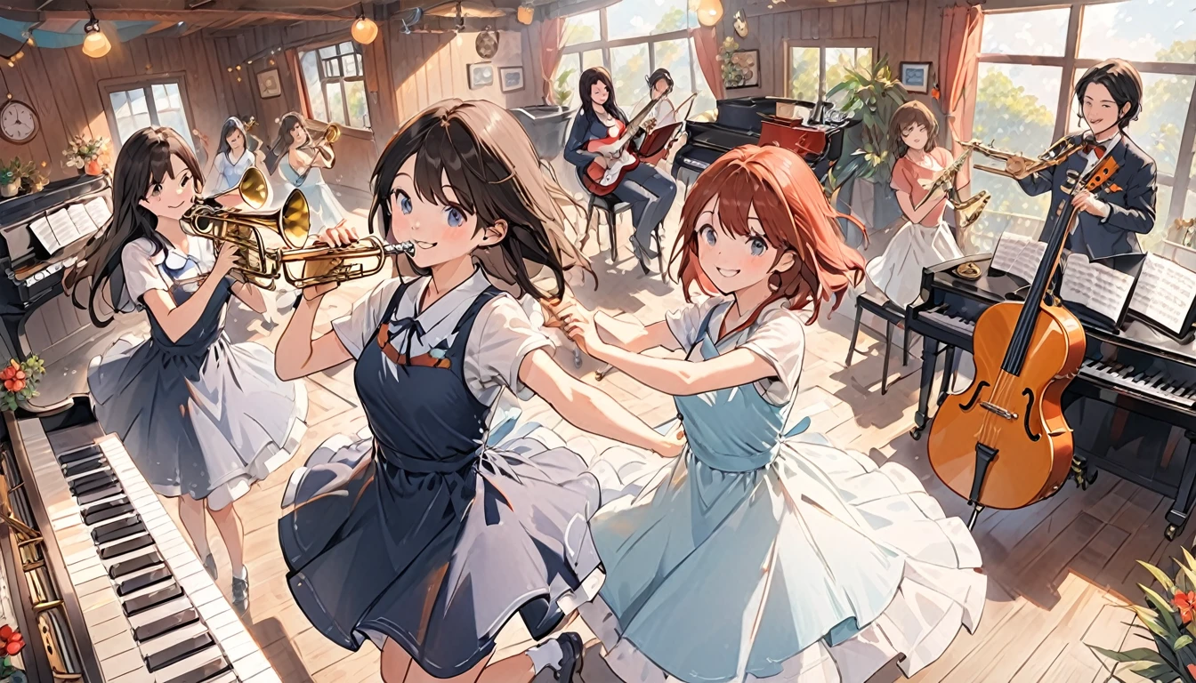 Cute Girls,brass band,guitar,piano,trumpet,Percussion,Dancing while playing ska on instruments,Brown Hair,Black Hair,smile,live house