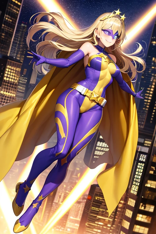 ((best quality)), ((masterpiece)), (detailed), 1 girl, Full body, 19 years old, Smiling face, Blue eyes, Star-shaped tiara, Arms outstretched, Arms behind waist, Eye mask, Blue superhero mask, Blushing, Blonde hair, Straight hair, Long hair, Bangs, 2 blue star clips on the sides of hair, Full body, Medium breasts, Slim body, Hands with yellow stars, Yellow wristbands, Long purple gloves, Blue gloves, Superhero costume, Superheroes, Yellow leotard suit, With a big yellow star in the center, Star emblem, Somewhat tight, Long yellow cape on waist, Red belt, Purple legs, Purple pantyhose, Blue boots, Flying, City background, Anime