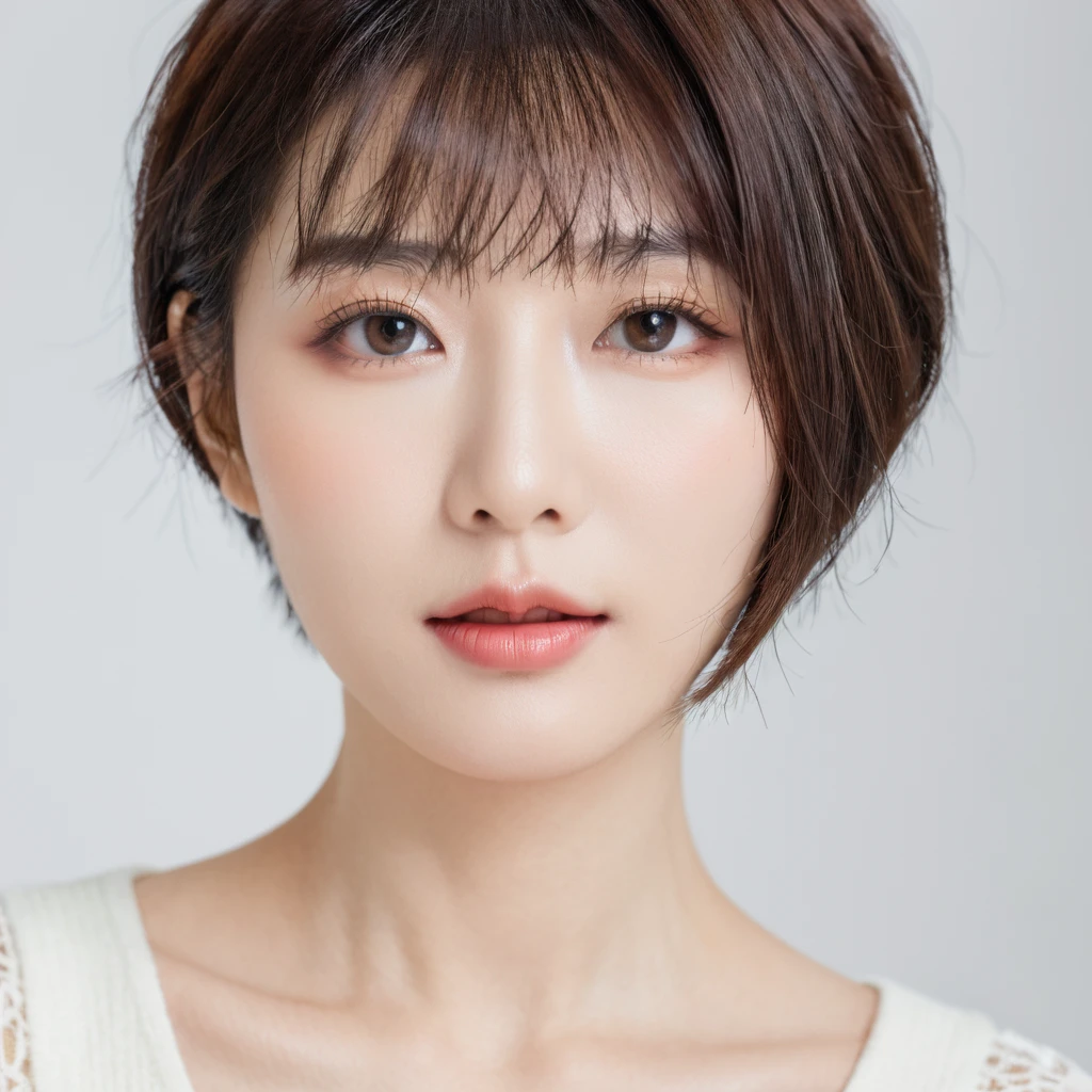 beautiful Japanese woman with short hair , white background
